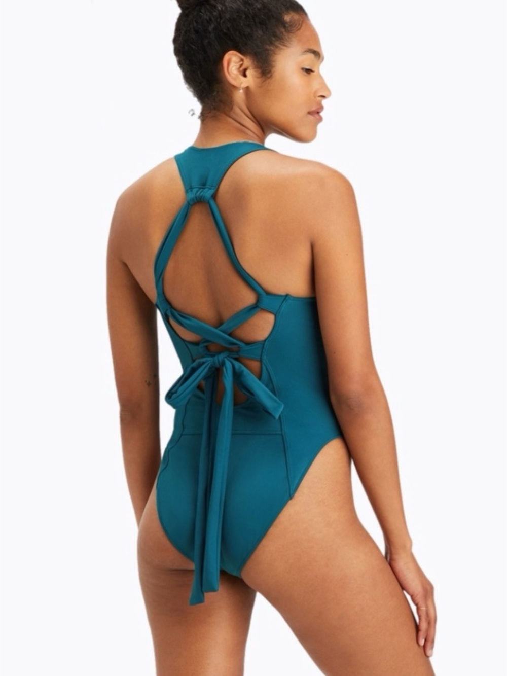 Fabletics Gabriella II Lace-Up Racerback Swimsuit Plus SZ 1X Teal Beach Vacation